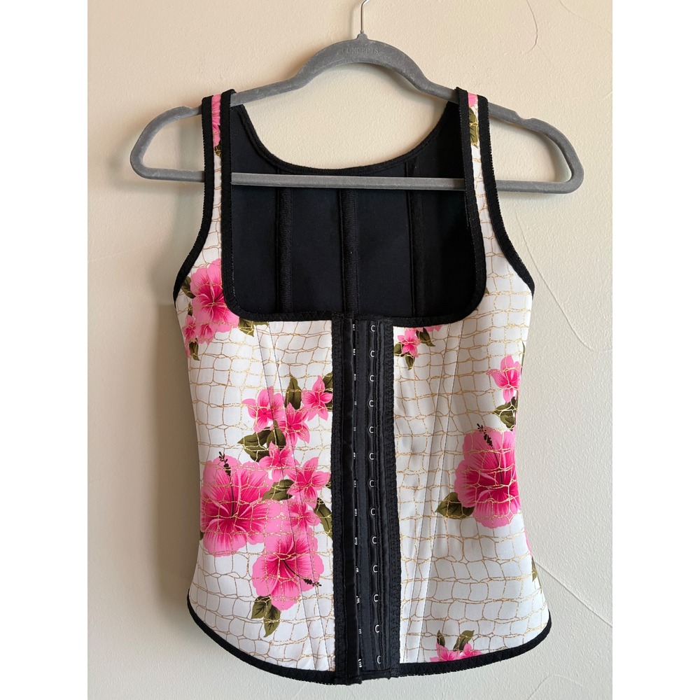 Vintage 90s Corset Waist Trainer Vest Hook Eye Gold Floral Hibiscus Grid Size 30
